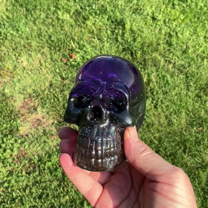 Handmade Pearly Dark Purple and Gray Resin Skull with Iridescent Glitter, Goth Halloween Decor