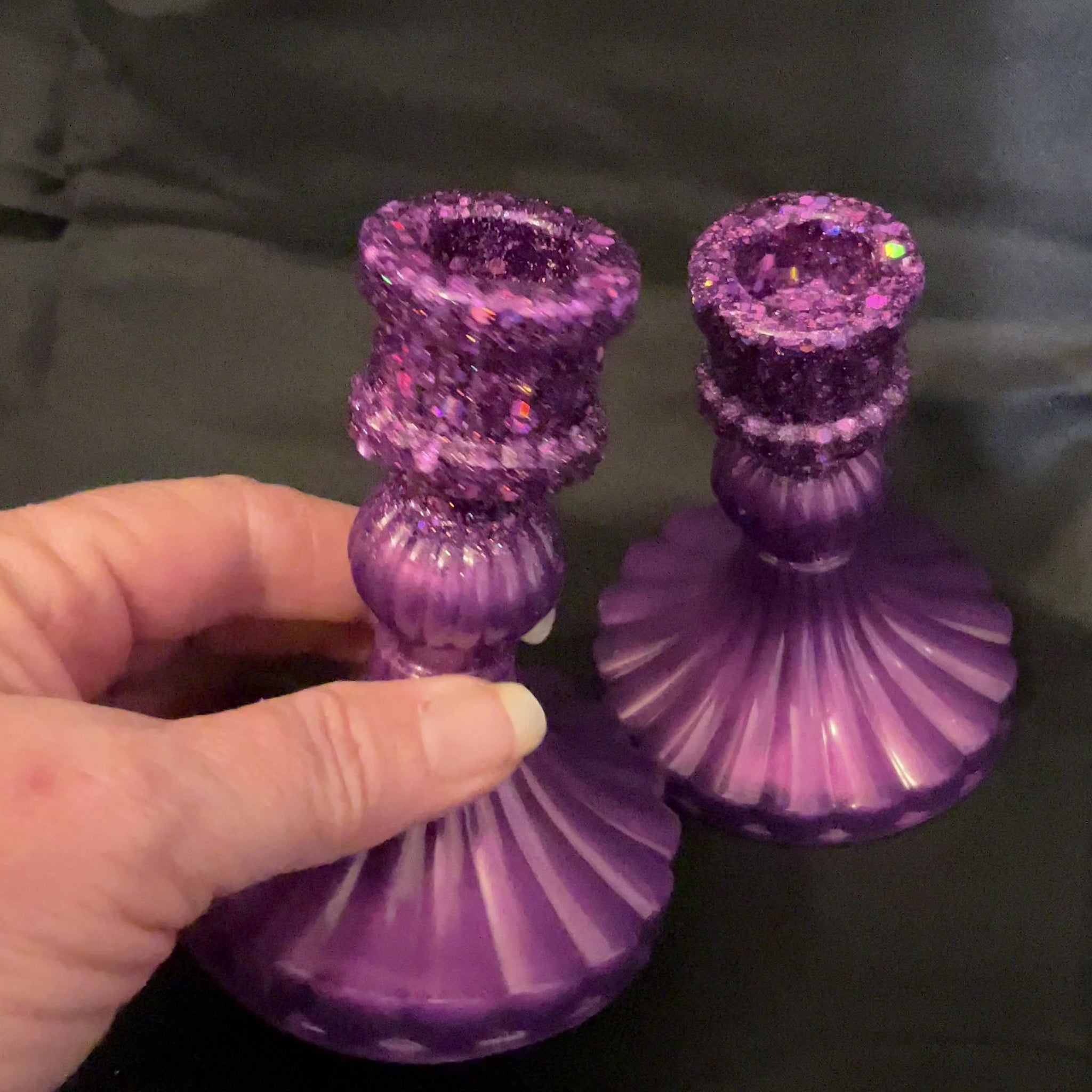 Vintage Style Handmade Pearly Lilac Purple Glitter Resin Candlestick Holders video showing how the glitter sparkles in the light.