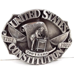 Front view of the limited edition retro vintage Siskiyou United States Constitution belt buckle. It is pewter gray in color. It has United States Constitution , 1787, 1987, and 200 years on the front with a depiction of it being signed with We the People.
