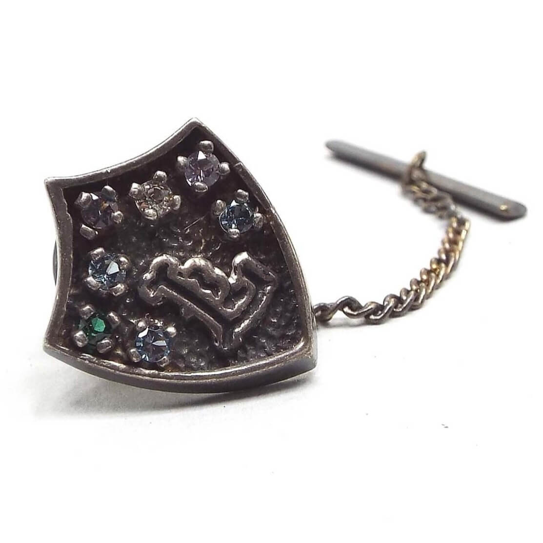 Initial Letter L Vintage Tie Tack with Gemstone Chips, Shield Shaped Tie Pin