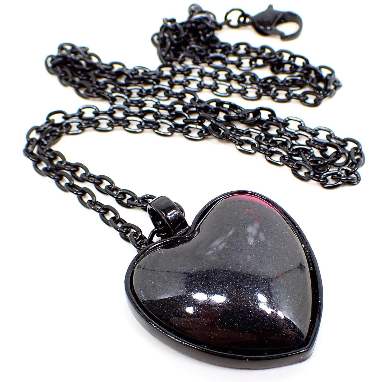 Goth Black Heart Handmade Resin Pendant Necklace with a Touch of Bright Pink