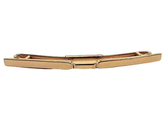 Front view of the 1950's Mid Century vintage Swank collar clip. It is gold tone in color and has a plain classic smooth style curved bar design in the front. 