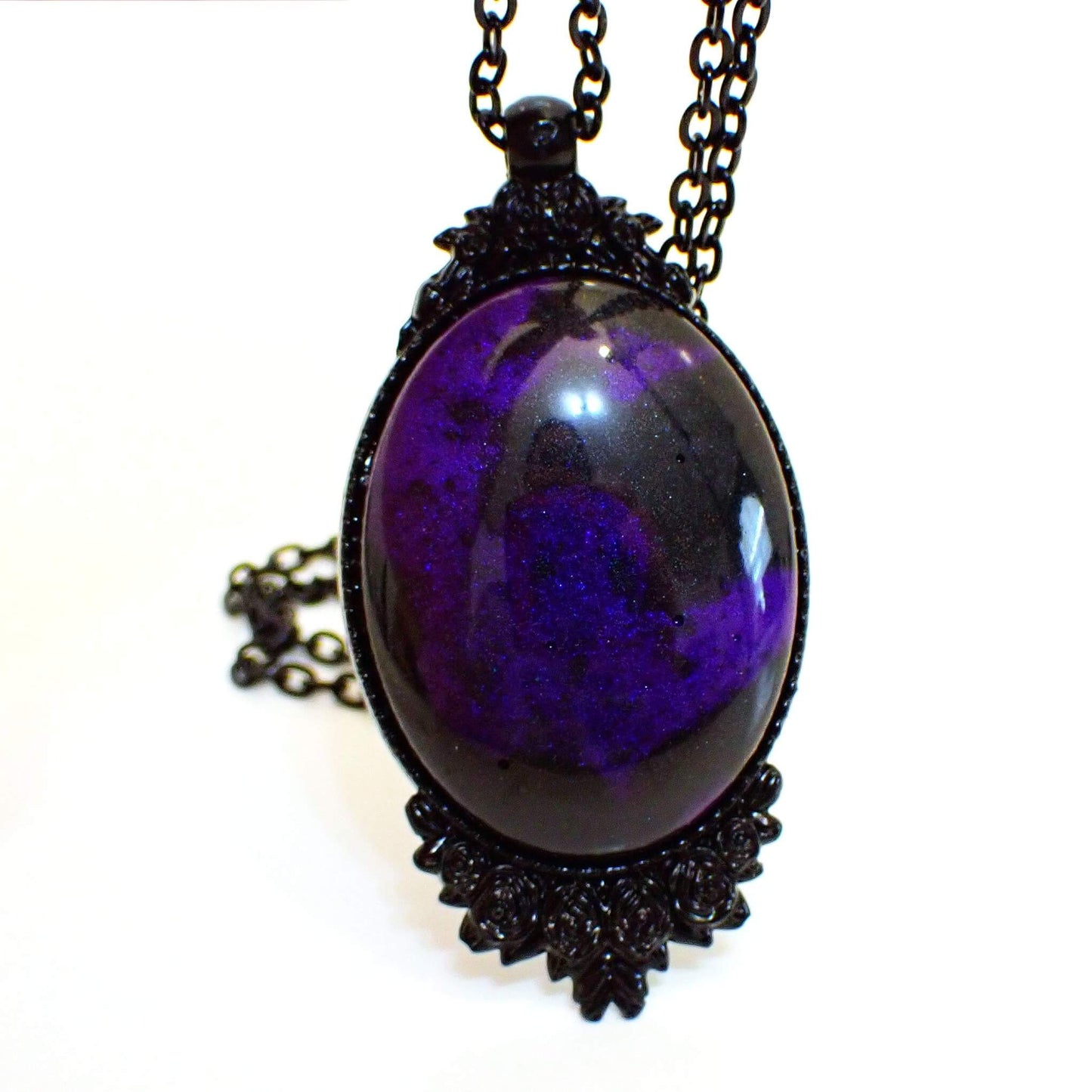 Large Victorian Style Goth Handmade Resin Black Oval Pendant Necklace