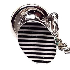 Front view of the retro vintage Hickok tie tack. It is silver tone in color. The front is oval with diagonal cut line design. Hickok is marked on the clutch back.