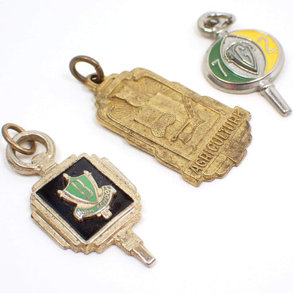 Front view of the vintage charm set. The first one has a square shape with black and green enamel, the words High School and initial B on the front. The second one is plain brass and has an owl, a book, and harvesting equipment with the word agriculture at the bottom. The last charm is has a round shape with green and yellow enamel, 72, and initial G on the front.