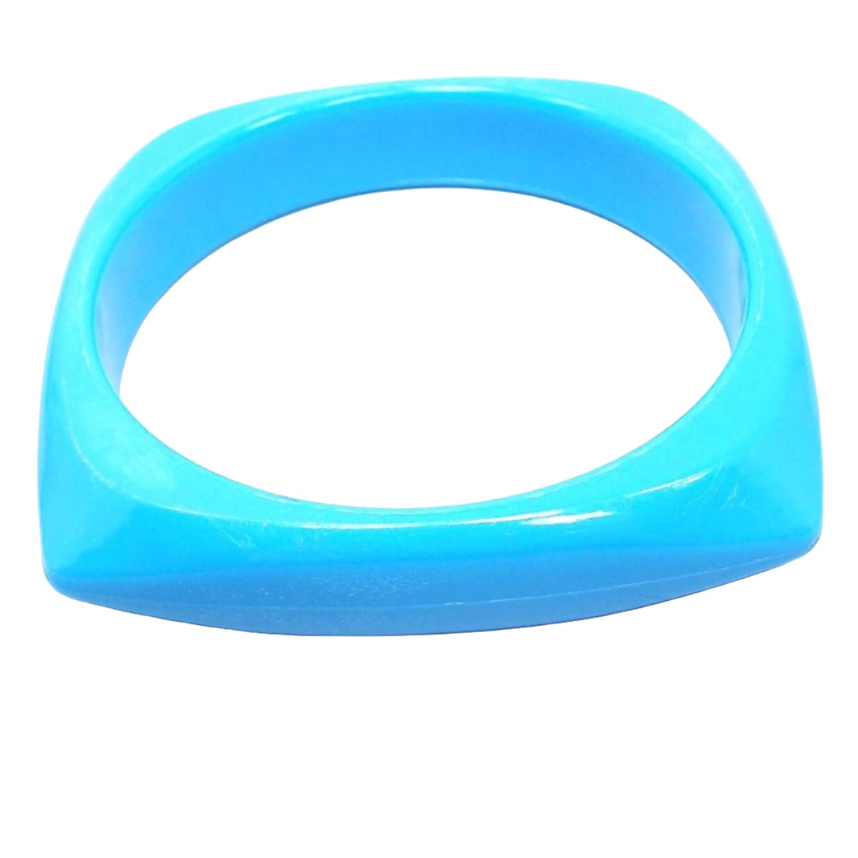 Angled view of the retro vintage plastic bangle bracelet. It is a bright blue in color and has a square shape with rounded corners. 