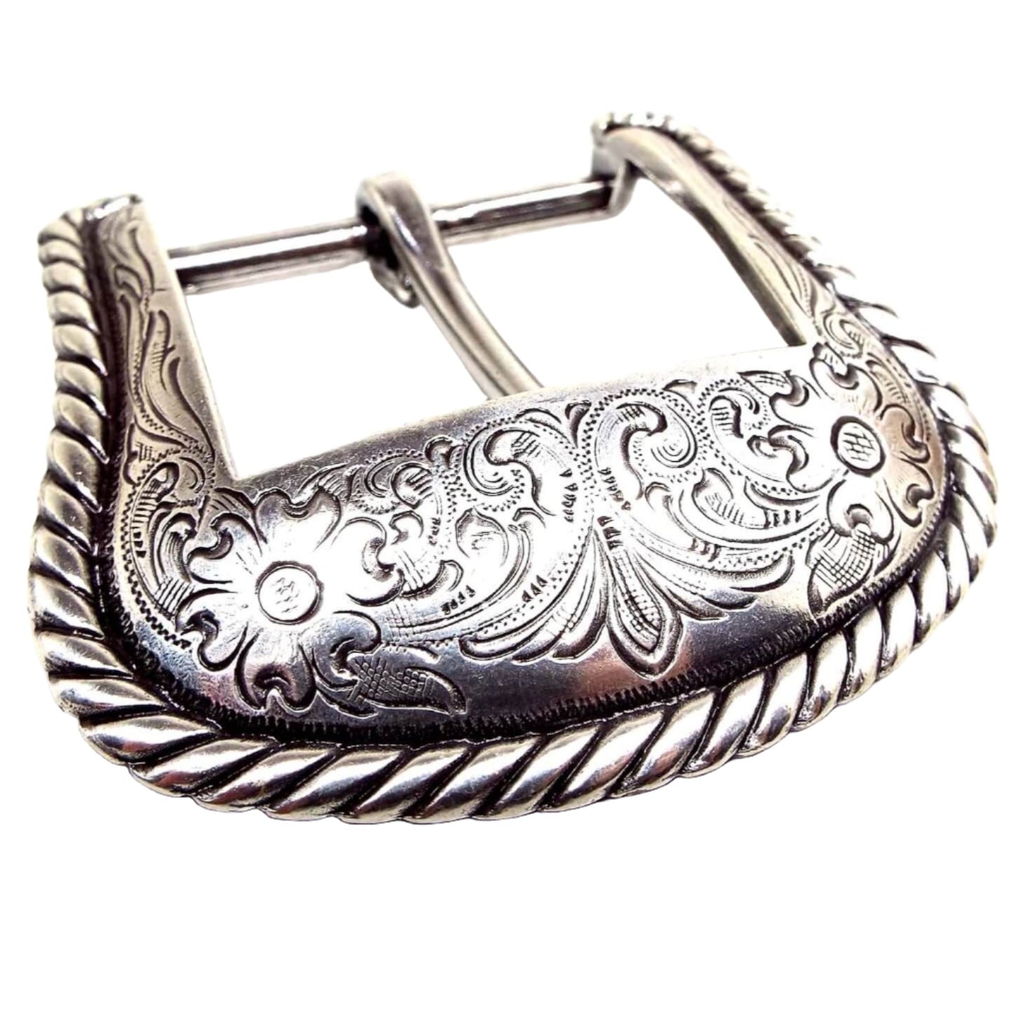 Front view of the Western style belt buckle. It is silver tone in color and has an open bar on the back with the prong on it. The front has an etched floral pattern and a twisted rope design around the edge.