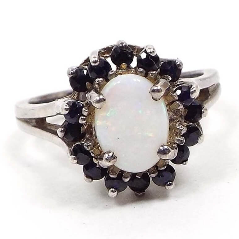 Sterling Silver Vintage Simulated Opal and Blue Sapphire Cocktail Ring