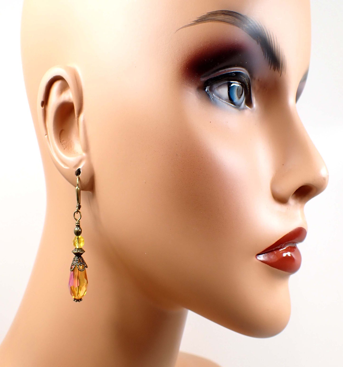 Handmade Vintage Style Pink Orange Yellow Teardrop Earrings with Antiqued Brass Hook Lever Back or Clip On