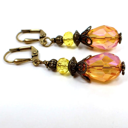 Handmade Vintage Style Pink Orange Yellow Teardrop Earrings with Antiqued Brass Hook Lever Back or Clip On