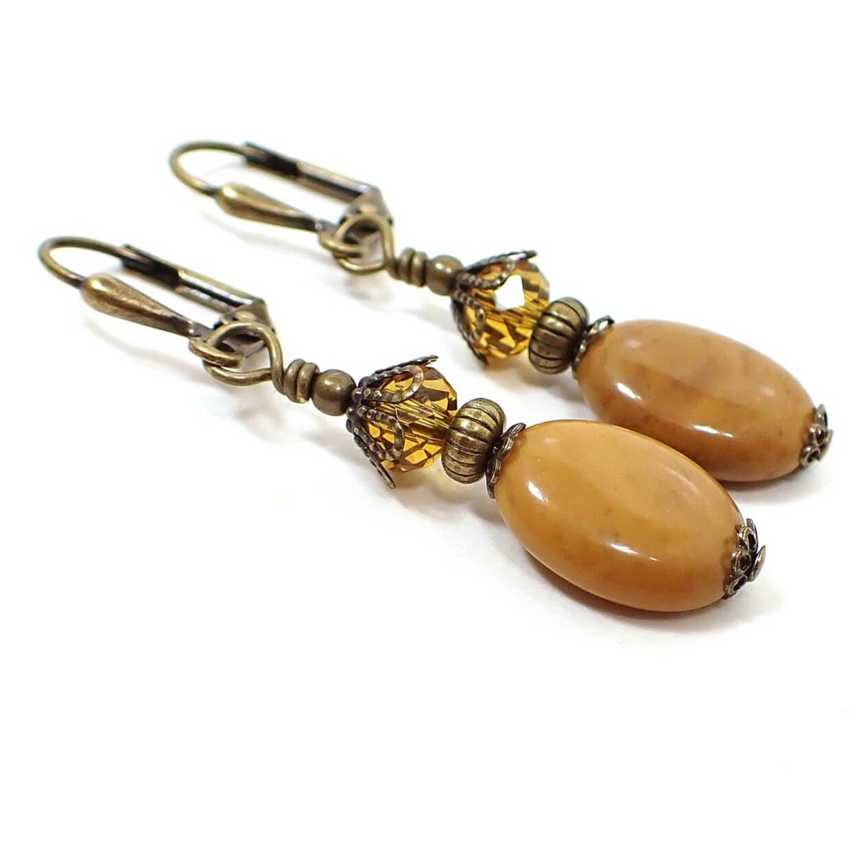 Antiqued Brass and Jasper Gemstone Handmade Earrings Hook Lever Back or Clip On