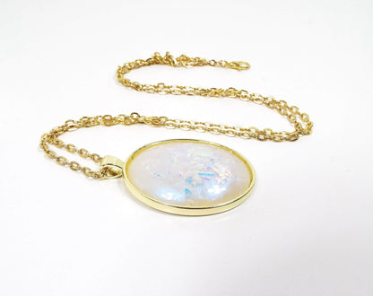 Handmade Off White and Blue Color Shift Resin Oval Glitter Pendant Necklace