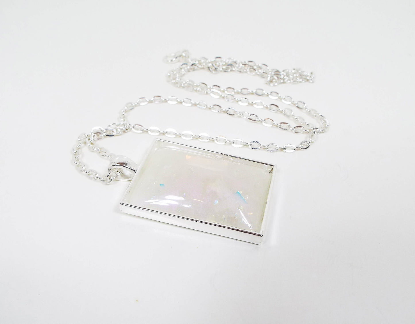 Handmade Off White and Pink Color Shift Resin Rectangle Glitter Pendant Necklace