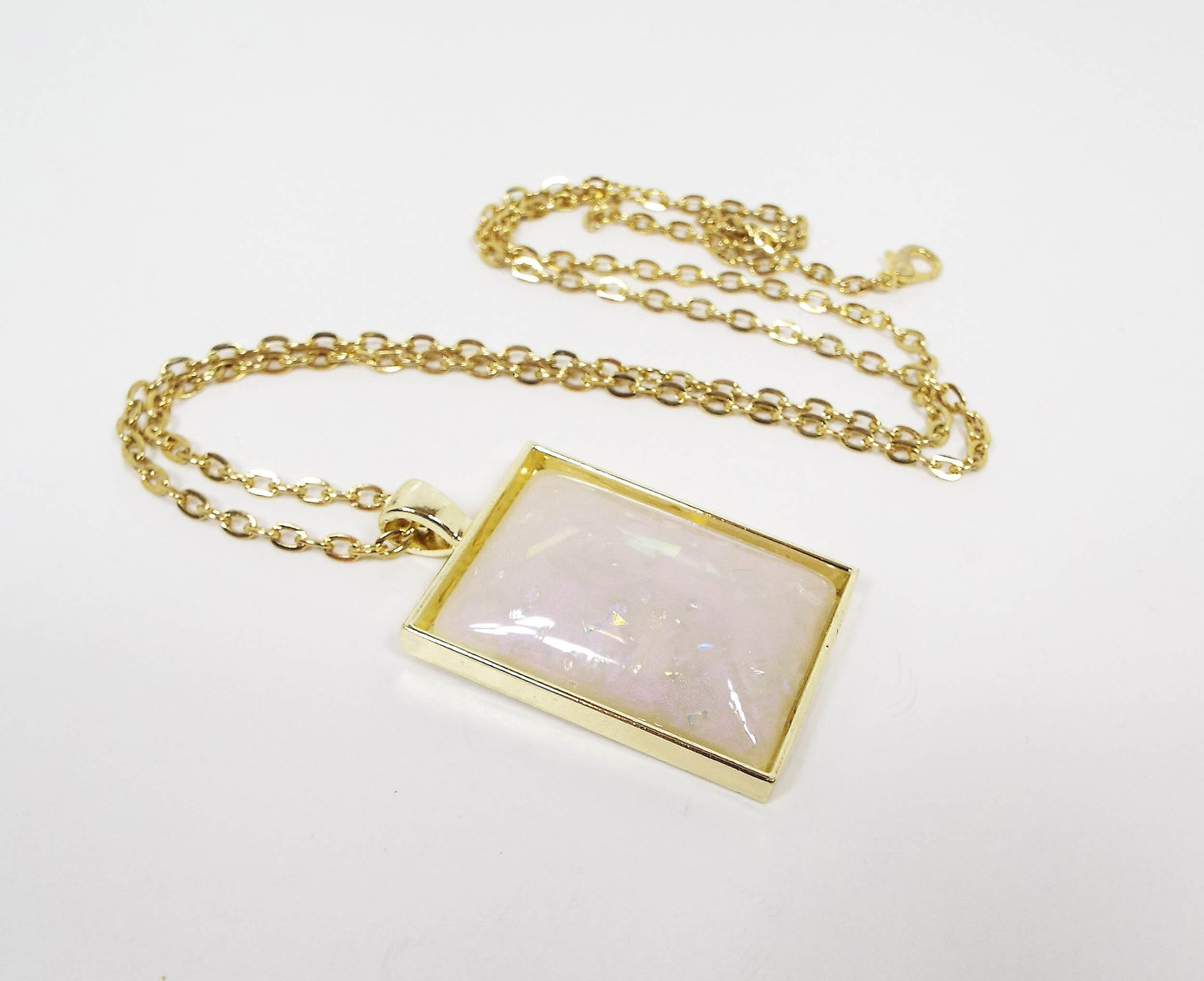 Handmade Off White and Pink Color Shift Resin Rectangle Glitter Pendant Necklace