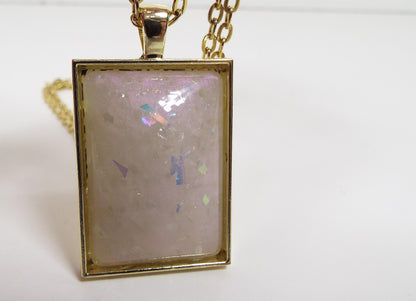 Handmade Off White and Pink Color Shift Resin Rectangle Glitter Pendant Necklace
