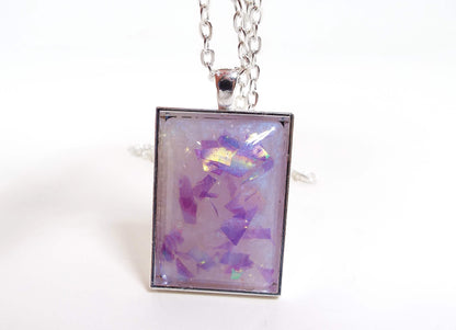 Handmade Purple Pink Blue Glitter Resin Rectangle Pendant Necklace