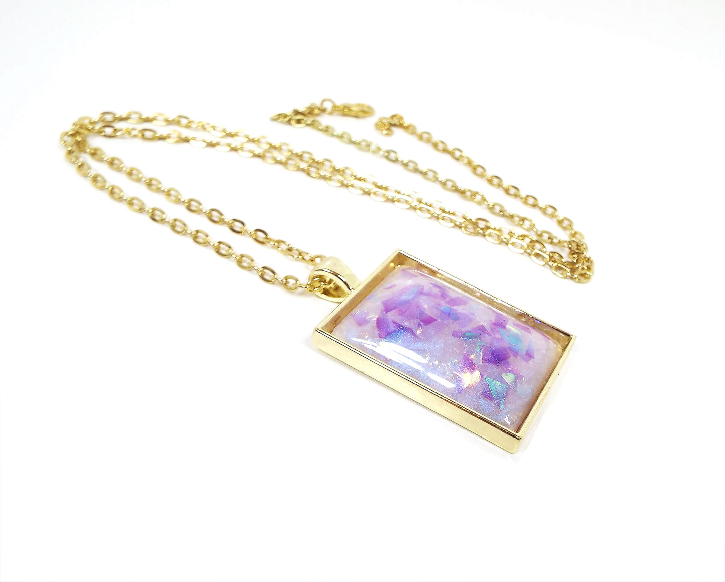 Handmade Purple Pink Blue Glitter Resin Rectangle Pendant Necklace
