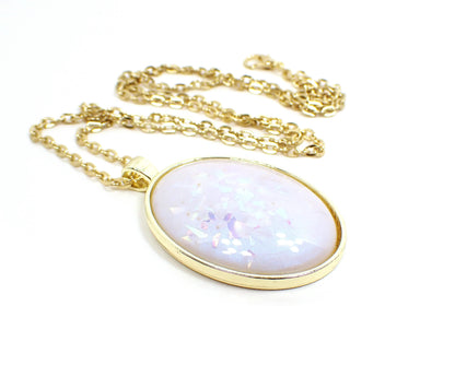 Handmade Blue Opal Color Shift Resin with AB Pink Glitter Oval Pendant Necklace