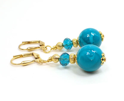 Handmade Teal Blue Drop Earrings Gold Plated Hook Lever Back or Clip On