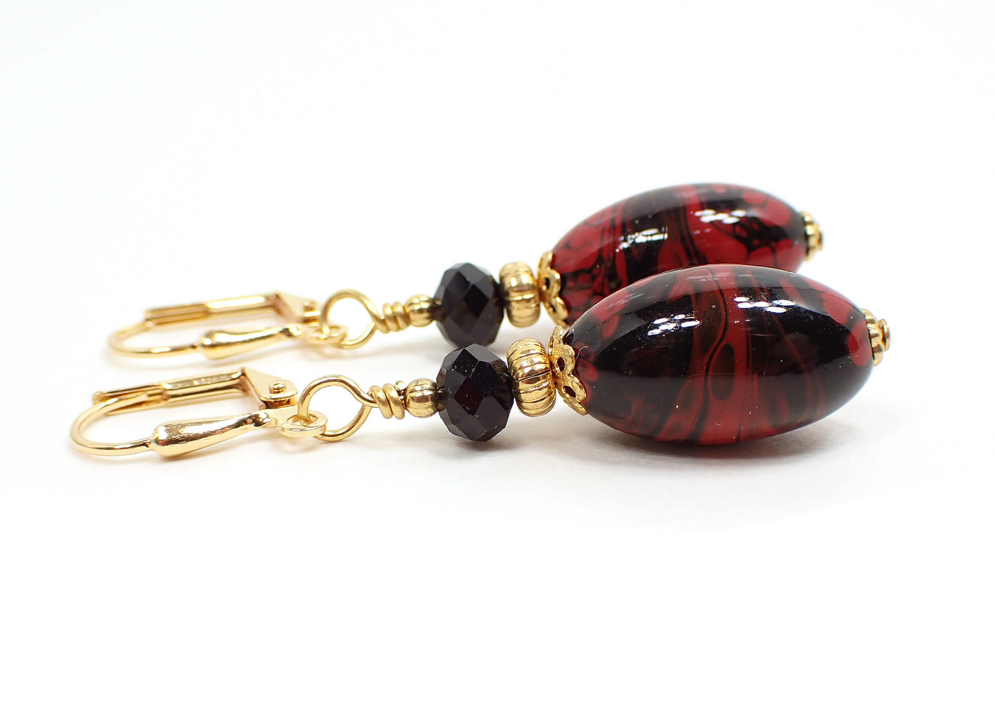 Red and Black Oval Lucite Handmade Drop Earrings Gold Plated Hook Lever Back or Clip On