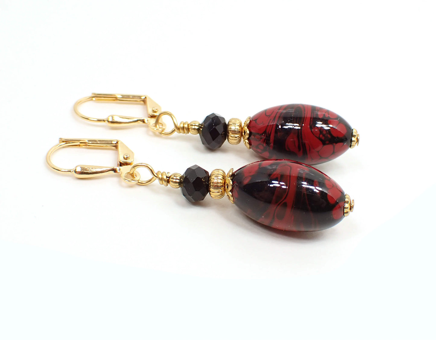 Red and Black Oval Lucite Handmade Drop Earrings Gold Plated Hook Lever Back or Clip On