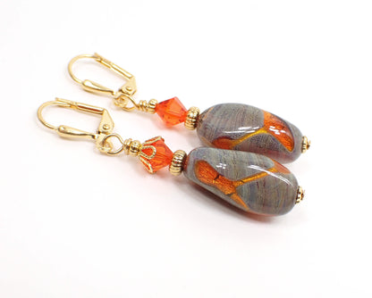 Green and Orange Fancy Glass Handmade Drop Earrings, Gold Plated Hook Lever Back or Clip On