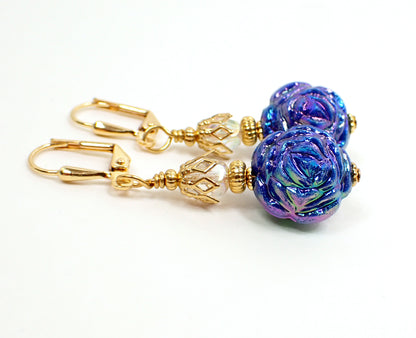 AB Blue Acrylic Flower Beaded Handmade Earrings Gold Plated Hook Lever Back or Clip On