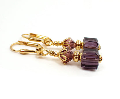 Small Purple Cube Handmade Earrings Gold Plated Hook Lever Back or Clip On