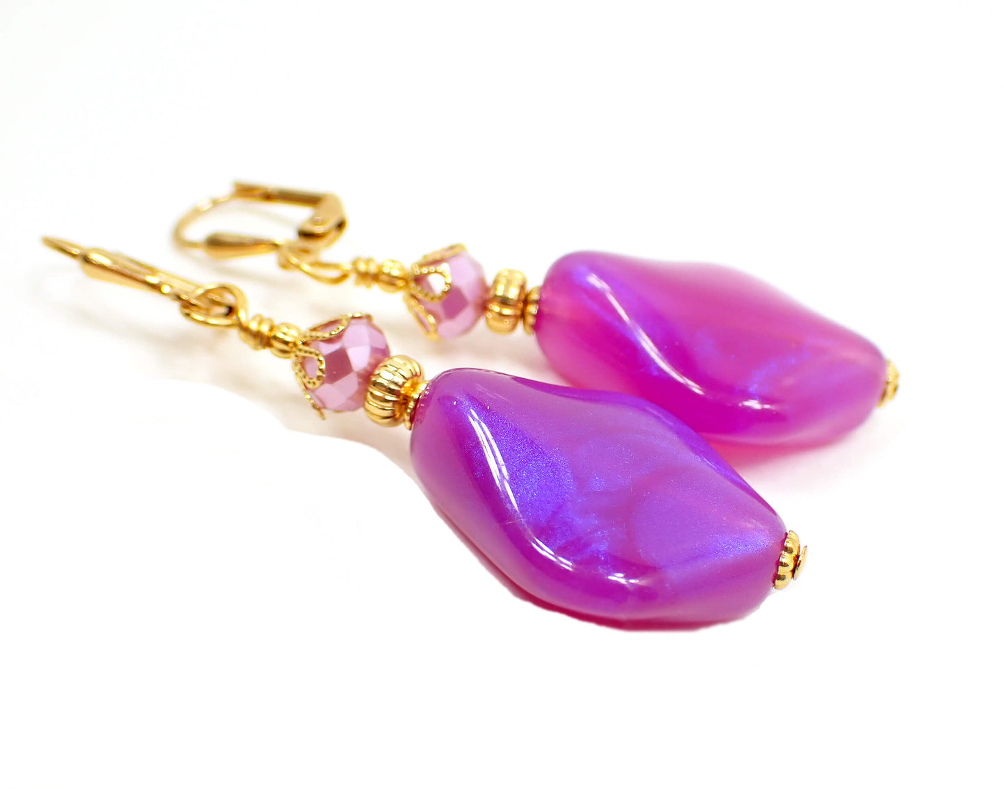Handmade Color Shift Purple Lucite Earrings Gold Plated Hook Lever Back or Clip On