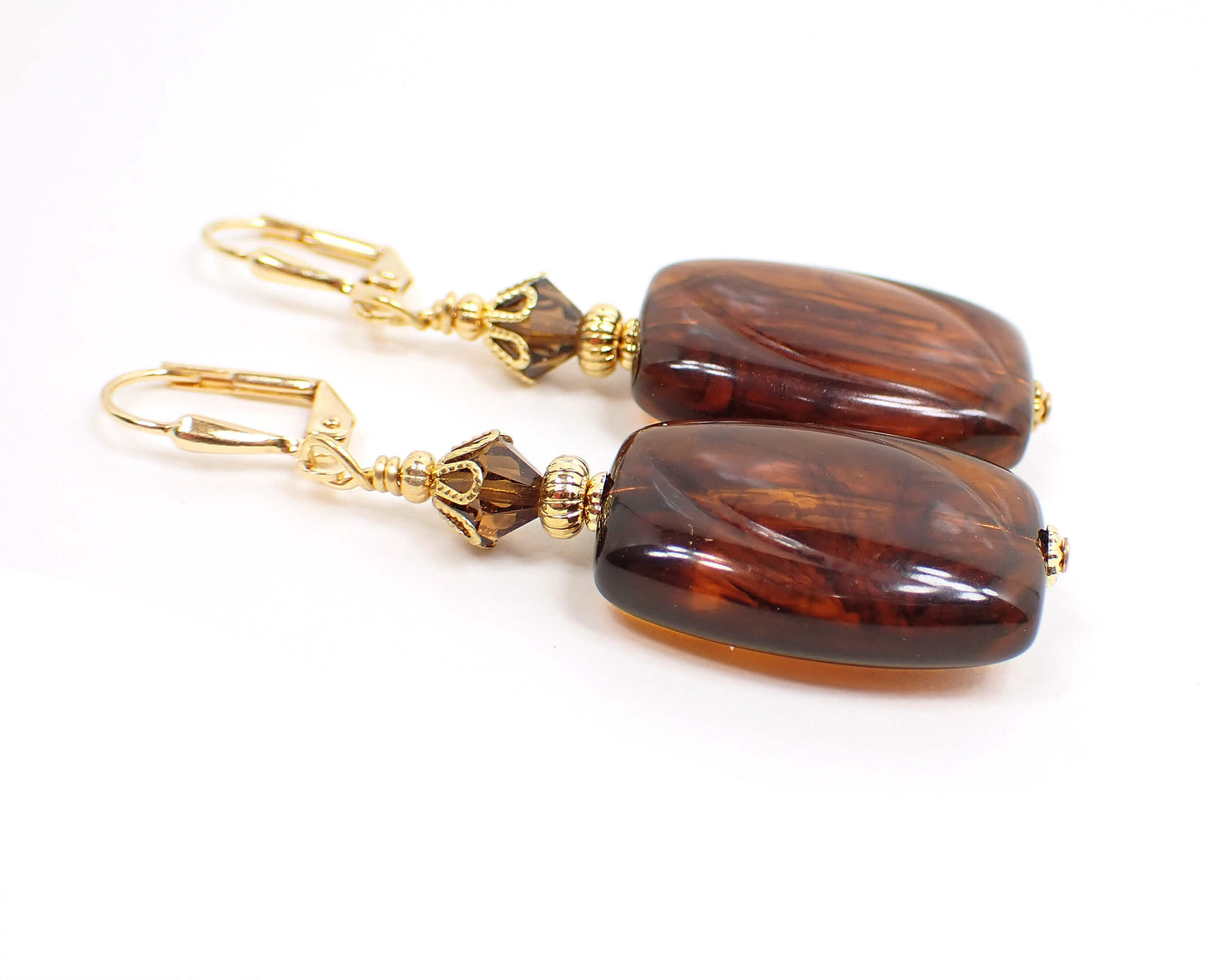 Handmade Marbled Brown Acrylic Drop Earrings Gold Plated Hook Lever Back or Clip On