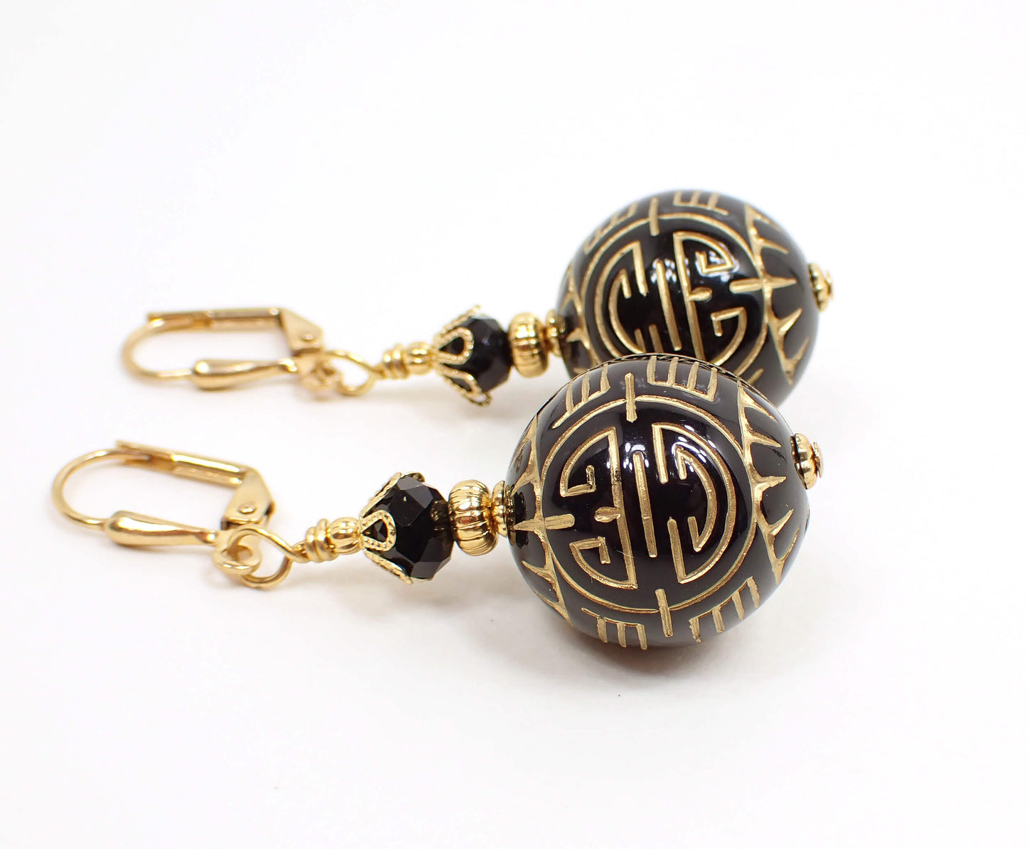 Black Acrylic Handmade Drop Earrings with Metallic Golden Design Gold Plated Hook Lever Back or Clip On