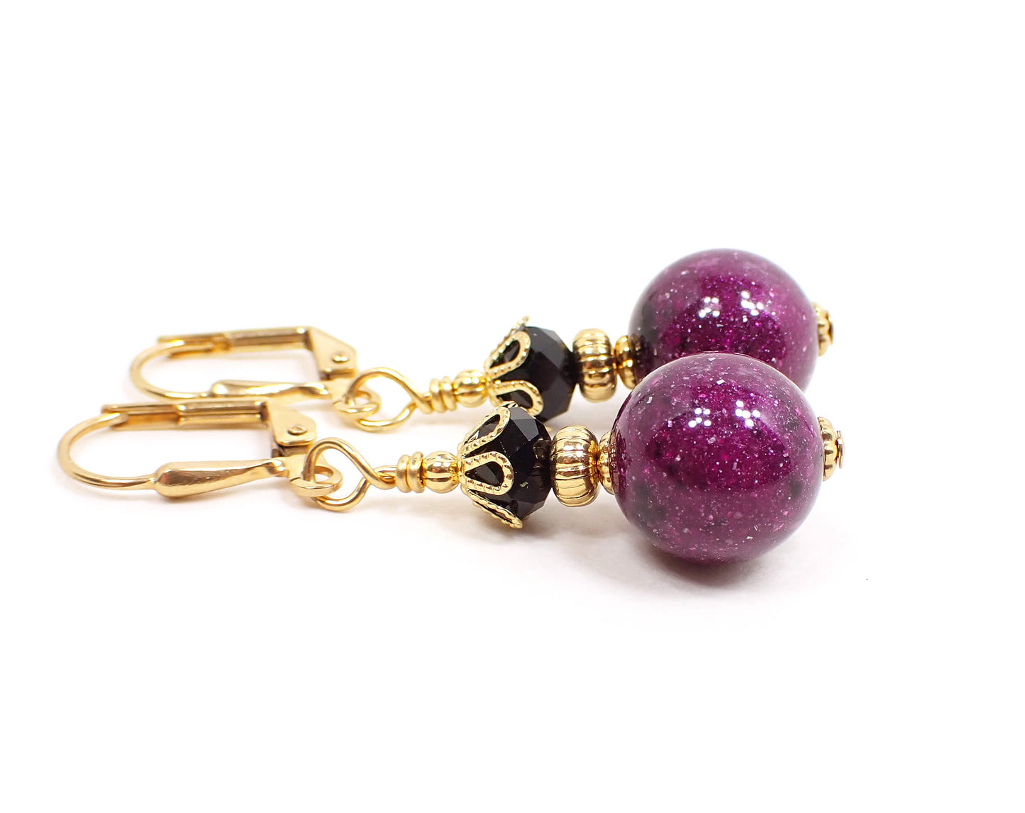 Handmade Sparkly Purple Lucite and Black Galaxy Earrings Gold Plated Hook Lever Back or Clip On