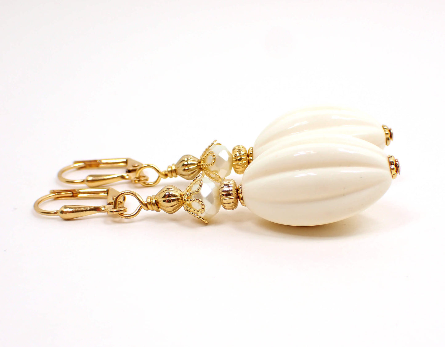 Corrugated Oval Off White Lucite Handmade Drop Earrings Gold Plated Hook Lever Back or Clip On