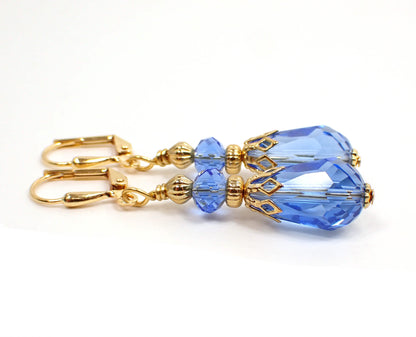 Cornflower Blue Handmade Teardrop Earrings Gold Plated Hook Lever Back or Clip On