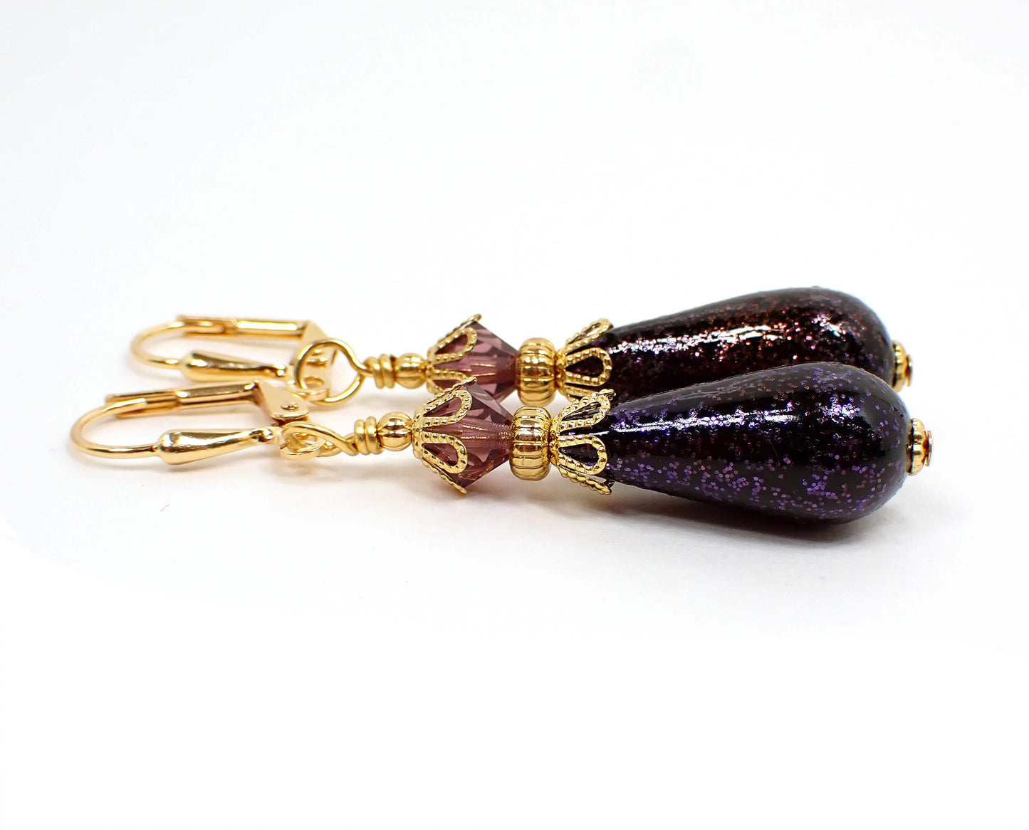 Dark Purple Glitter Handmade Teardrop Earrings Gold Plated Hook Lever Back or Clip On