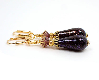 Dark Purple Glitter Handmade Teardrop Earrings Gold Plated Hook Lever Back or Clip On