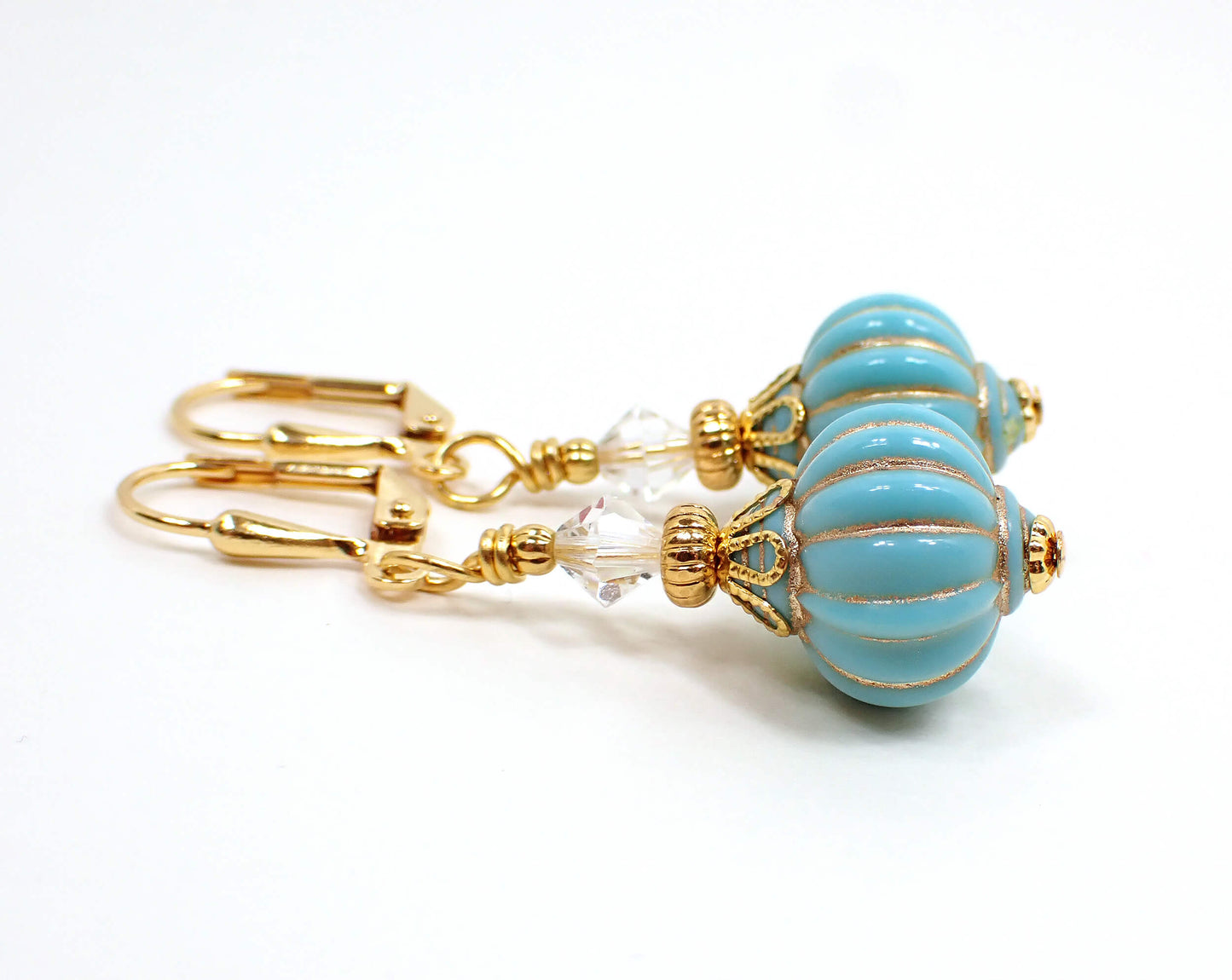 Blue Acrylic Handmade Striped Lantern Drop Earrings Gold Plated Hook Lever Back or Clip On