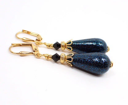 Dark Teal Glitter Handmade Teardrop Earrings Gold Plated Hook Lever Back or Clip On