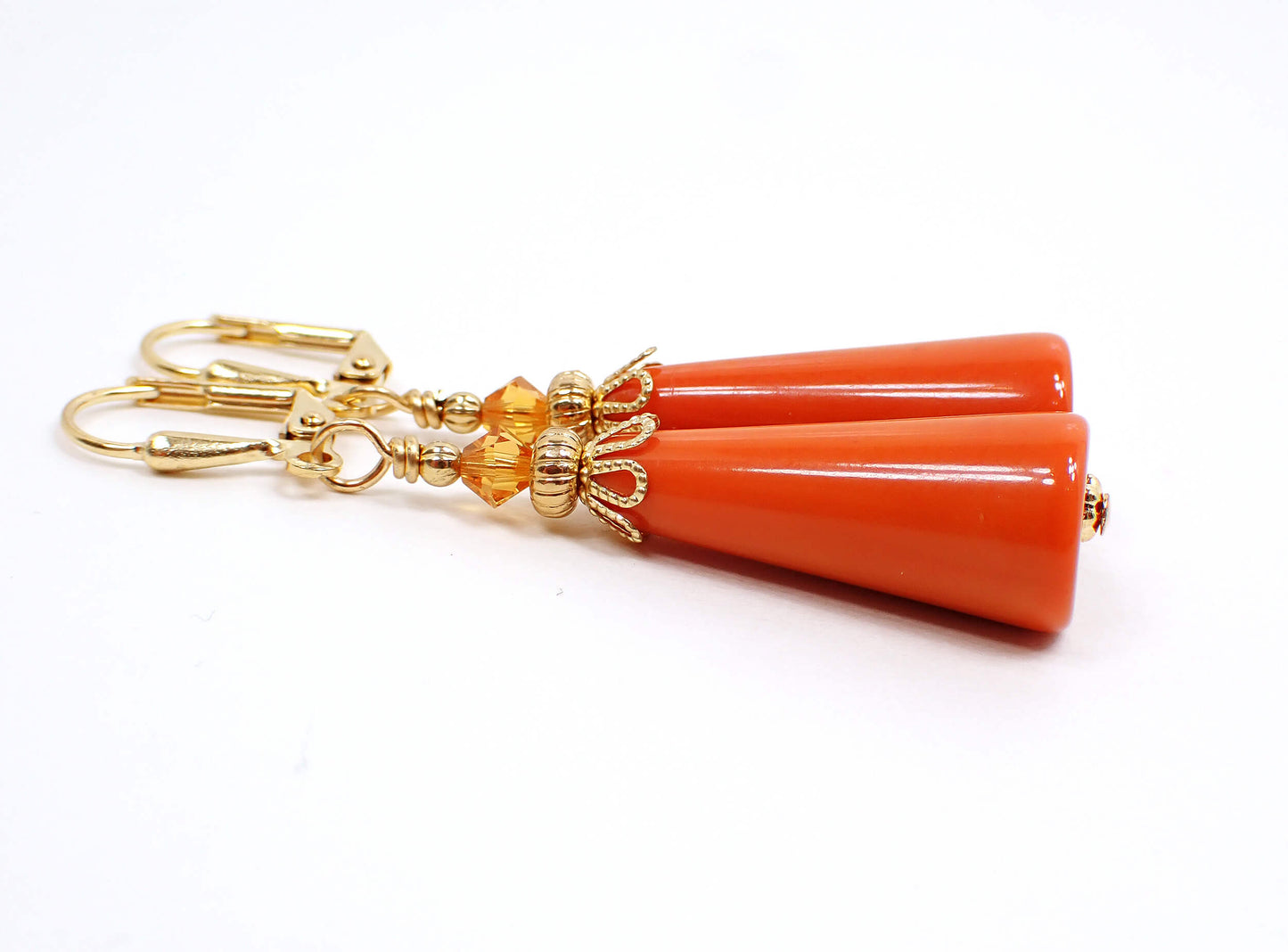 Burnt Orange Lucite Handmade Geometric Cone Earrings Gold Plated Hook Lever Back or Clip On
