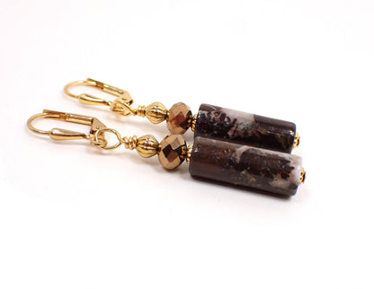 Brown Portoro Marble Gemstone Handmade Earrings Gold Plated Hook Lever Back or Clip On