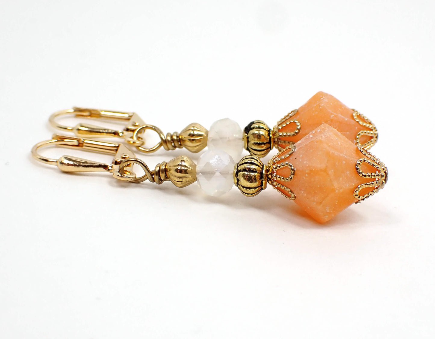Frosted Matte Peach Acrylic Handmade Drop Earrings, Gold Plated Hook Lever Back or Clip On
