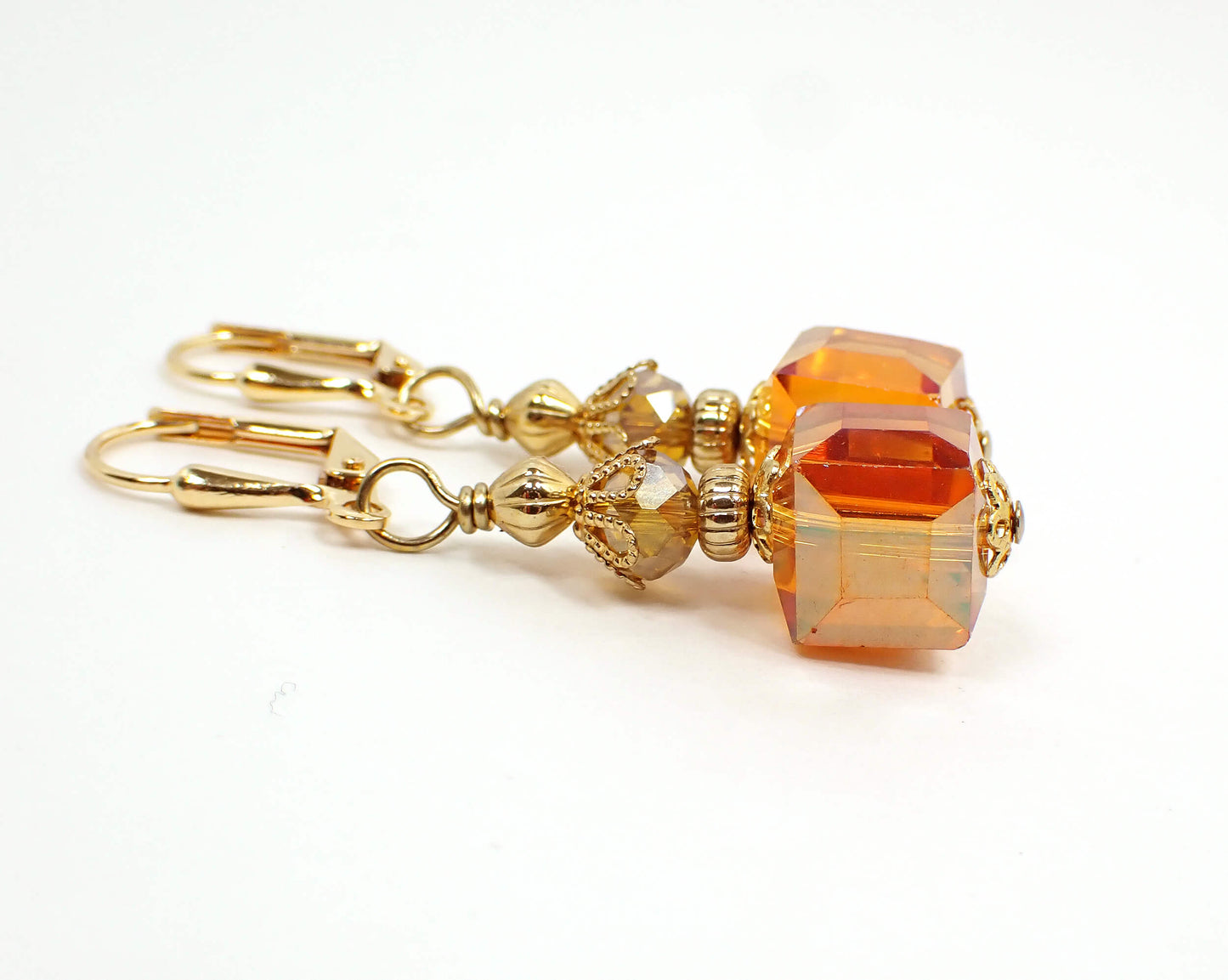 Orange Pink Yellow Cube Handmade Drop Earrings Gold Plated Hook Lever Back or Clip On