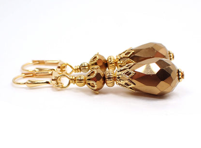 Handmade Metallic Bronze Teardrop Earrings Gold Plated Hook Lever Back or Clip On