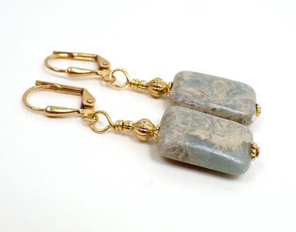 Aqua Terra Jasper Handmade Rectangle Drop Earrings, Gold Plated Hook Lever Back or Clip On