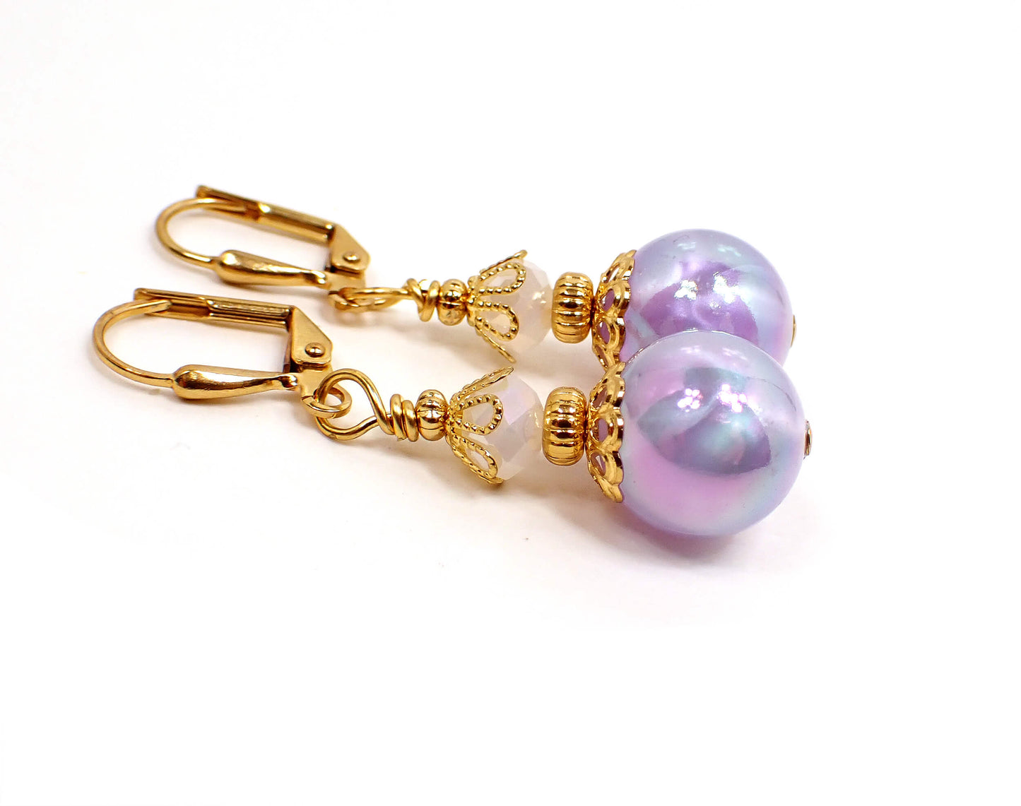 Handmade Iridescent Purple Drop Earrings Gold Plated Hook Lever Back or Clip On