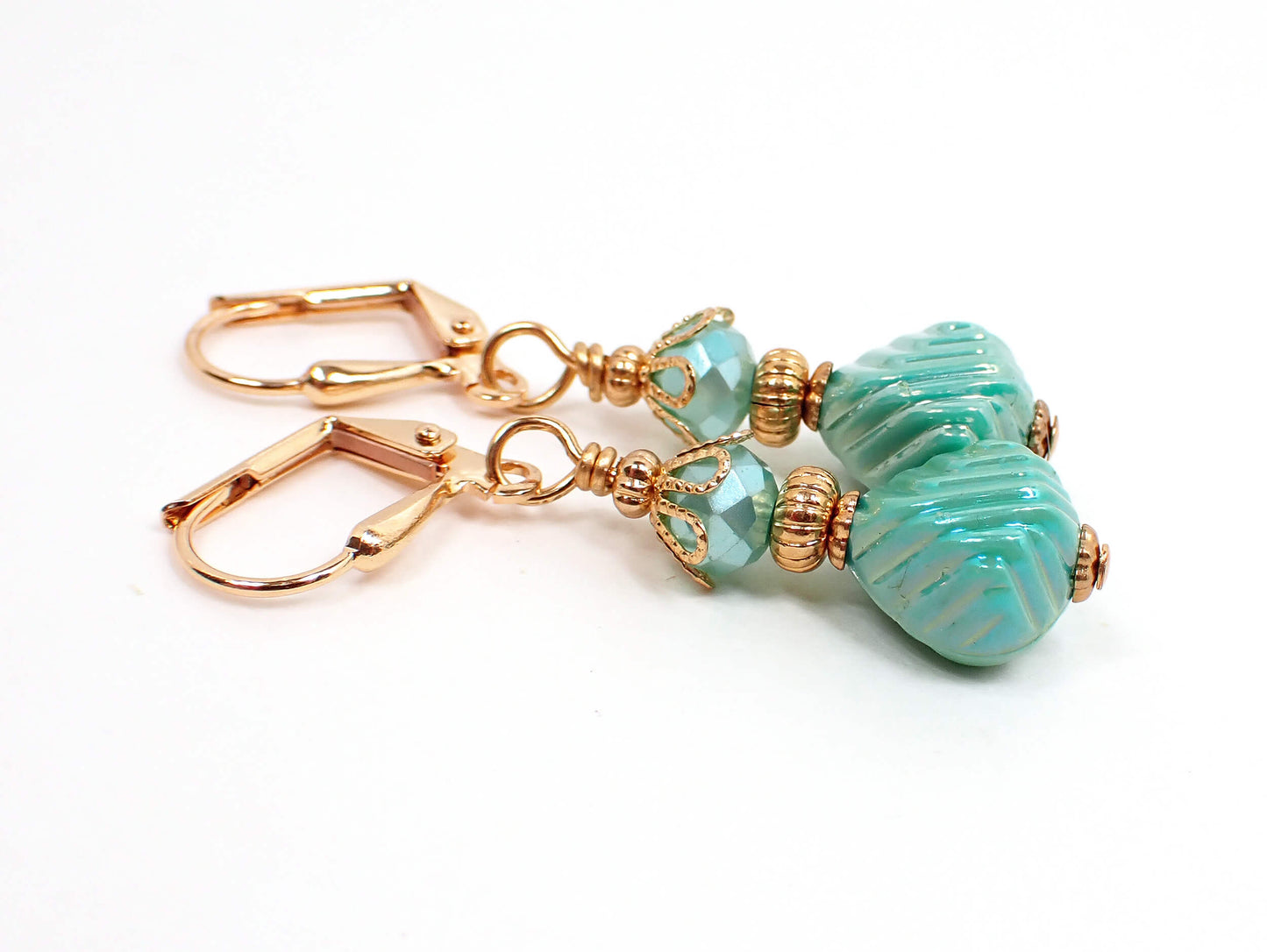 Blue Green Teal Acrylic Handmade Drop Earrings Gold Plated Hook Lever Back or Clip On