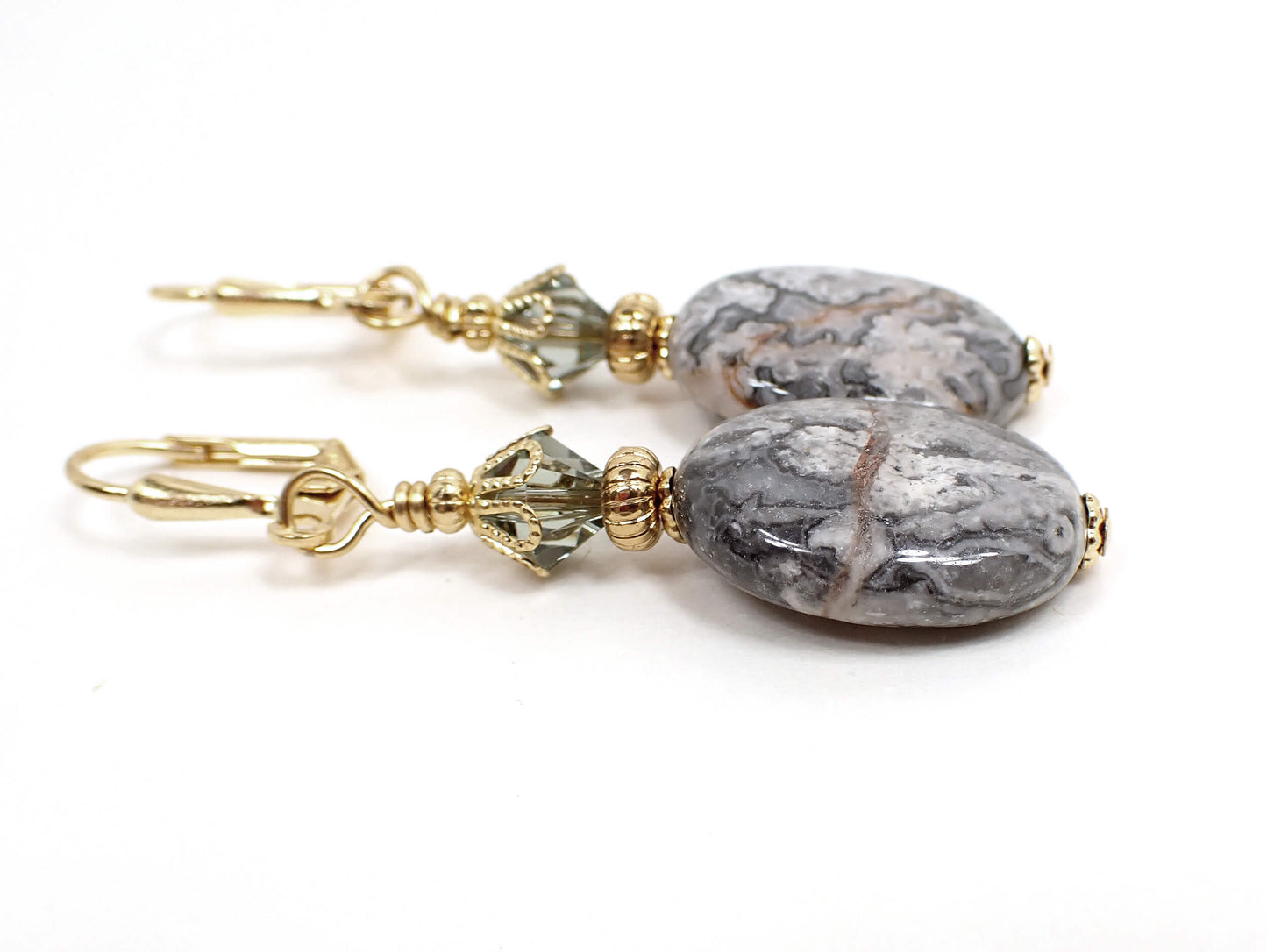 Crazy Lace Agate Gemstone Handmade Drop Earrings, Gold Plated Hook Lever Back or Clip On