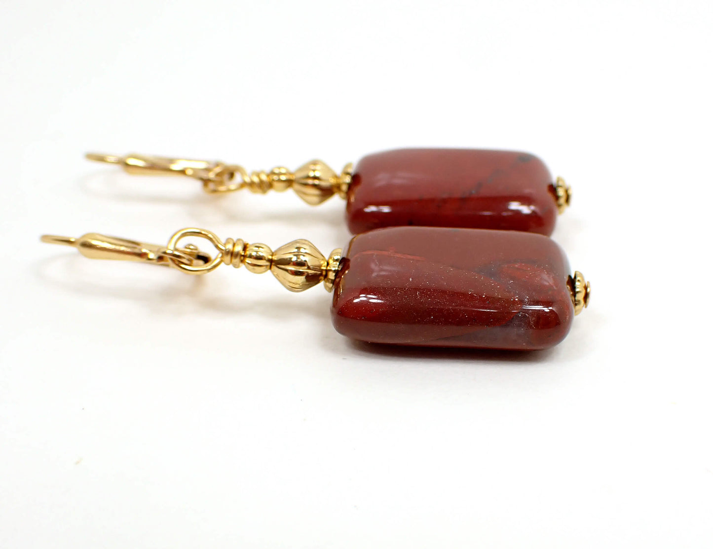 Red Jasper Gemstone Handmade Rectangle Drop Earrings, Gold Plated Hook Lever Back or Clip On