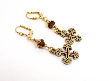 Handmade Cross Earrings Gold Plated Hook Lever Back or Clip On