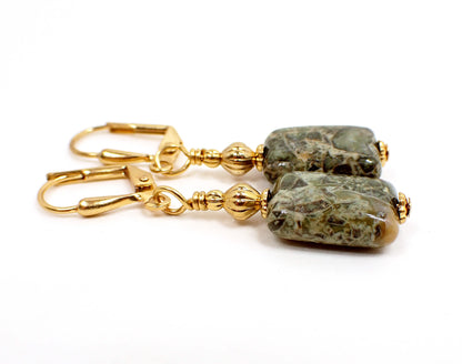 Green Rhyolite Gemstone Handmade Rectangle Drop Earrings, Gold Plated Hook Lever Back or Clip On